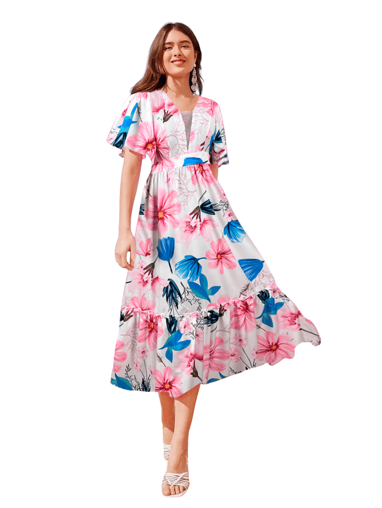 Vestido Maxi Largo Elegante de Estampado Floral y Manga Corta - LIZAPONS