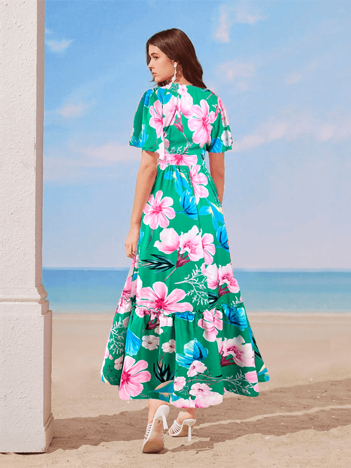 Vestido Maxi Largo Elegante de Estampado Floral y Manga Corta - LIZAPONS